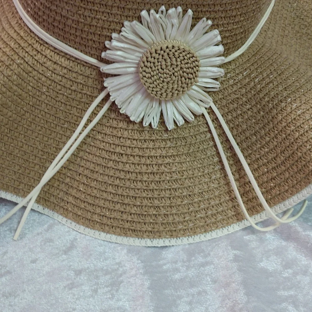Floppy Hat With Flower Neutral 2-tone Boho Casual Country Vacation Minimalist - Picture 9 of 17